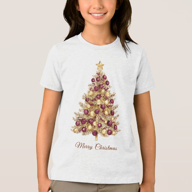 Gold Burgundy Christmas Tree Holiday T-Shirt Tri-Blend Shirt (Front)