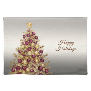 Gold Burgundy Christmas Tree Holiday Table Cloth Placemat