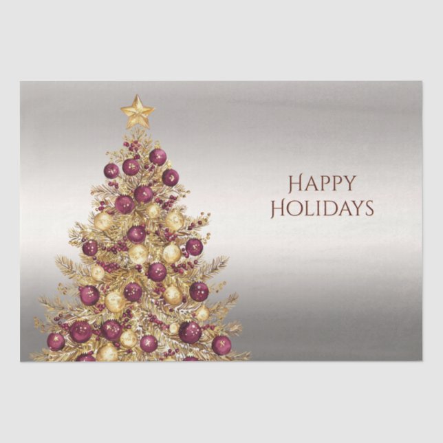 Gold Burgundy Christmas Tree Holiday Tissue Paper (Front)