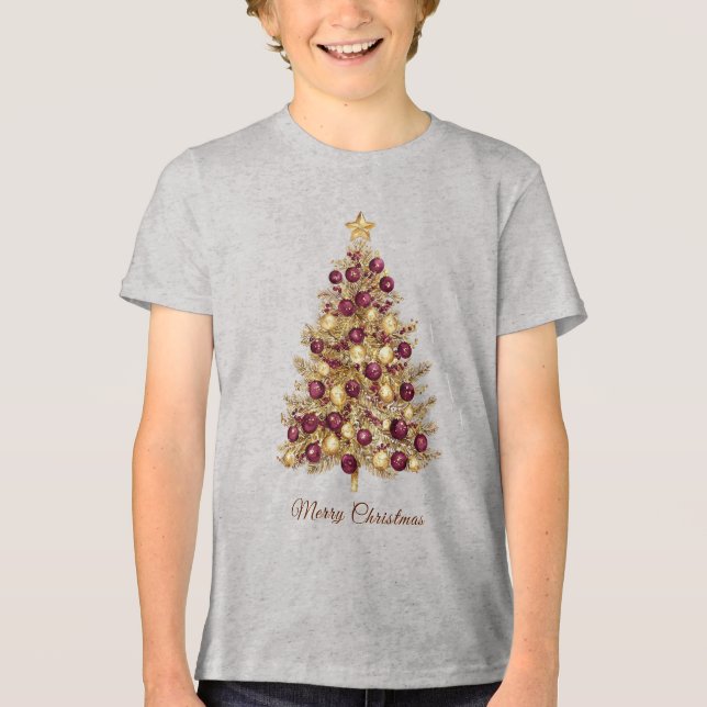 Gold Burgundy Christmas Tree Holiday Tri-Blend Shirt (Front)