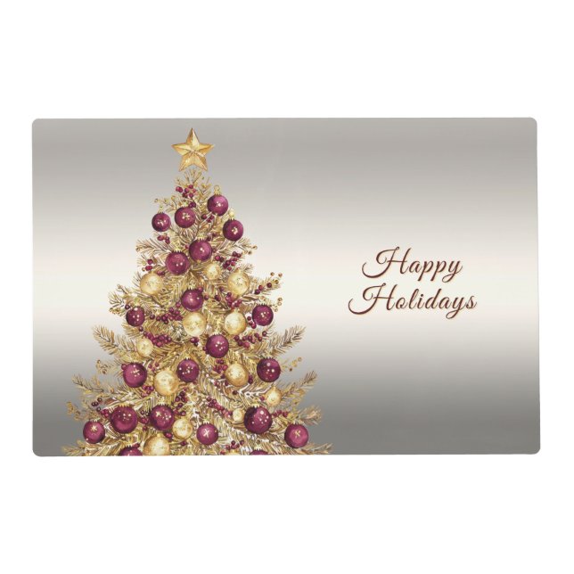 Gold Burgundy Christmas Tree Paper Placemat (Back)