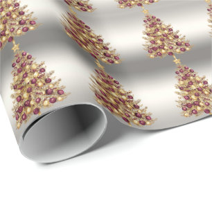 Gold Burgundy Christmas Tree Wrapping Paper