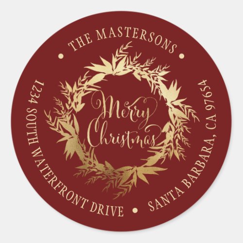 Gold Burgundy Christmas Wreath Return Address Classic Round Sticker