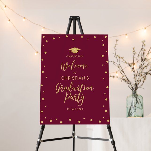 Gold & Burgundy Confetti Graduation Party Welcome Foam Board (In Situ (Stand))