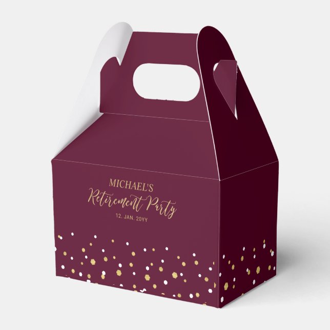 Gold & Burgundy Confetti Modern Retirement Party Favor Boxes (Front Side)