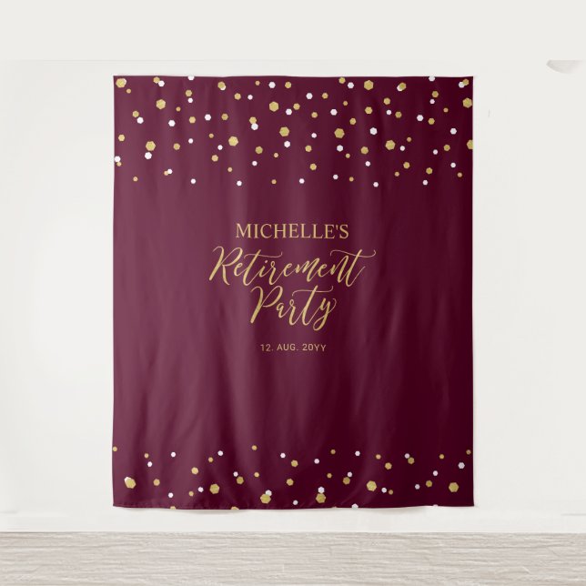 Gold & Burgundy Confetti Retirement Party Backdrop (Front)