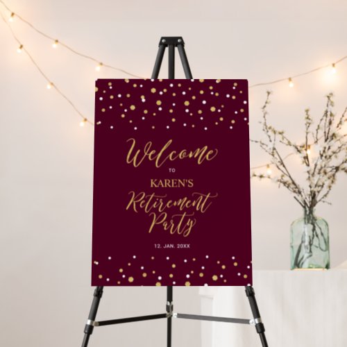 Gold  Burgundy Confetti Retirement Party Welcome Foam Board