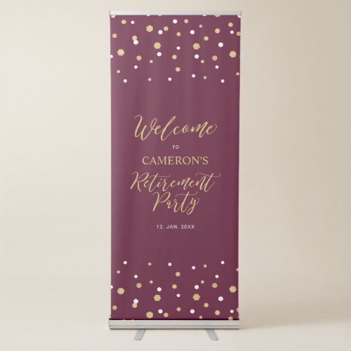 Gold  Burgundy Confetti Retirement Party Welcome Retractable Banner