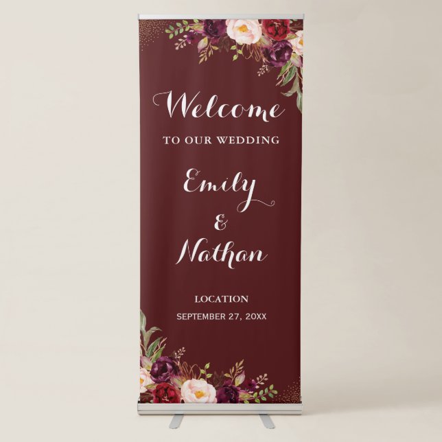 Gold Burgundy Confetti Wedding Welcome Sign (Front)