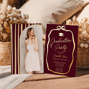 Gold Burgundy  Coquette Bow photo graduation Foil Invitation