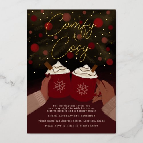 Gold Burgundy Cosy Hot Cocoa Holiday invitation  Foil Invitation
