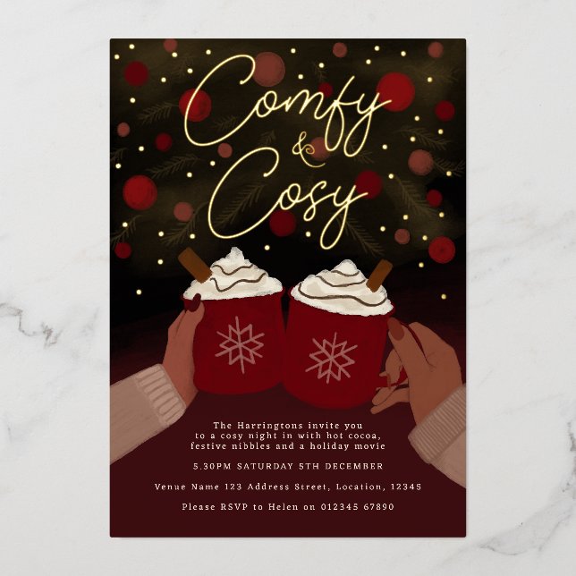 Gold Burgundy Cosy Hot Cocoa Holiday invitation  Foil Invitation (Front)