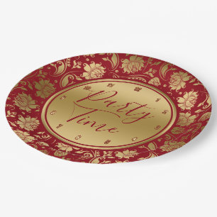 Gold & Burgundy damask, party time typography Paper Plates