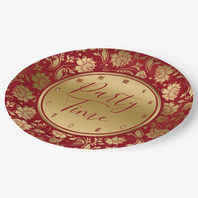 Gold & Burgundy damask, party time typography Paper Plates (Angled)