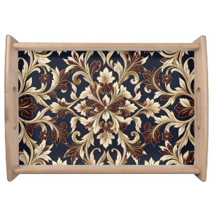 Gold Burgundy Damask Pattern Ornate Baroque Serving Tray