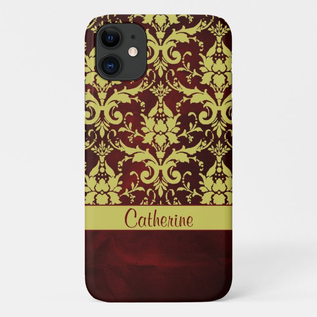 Gold Burgundy Damask Personalized Case-Mate iPhone Case (Back)