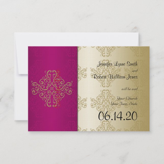 Gold Burgundy Damask Posh Wedding Save the Date (Front)
