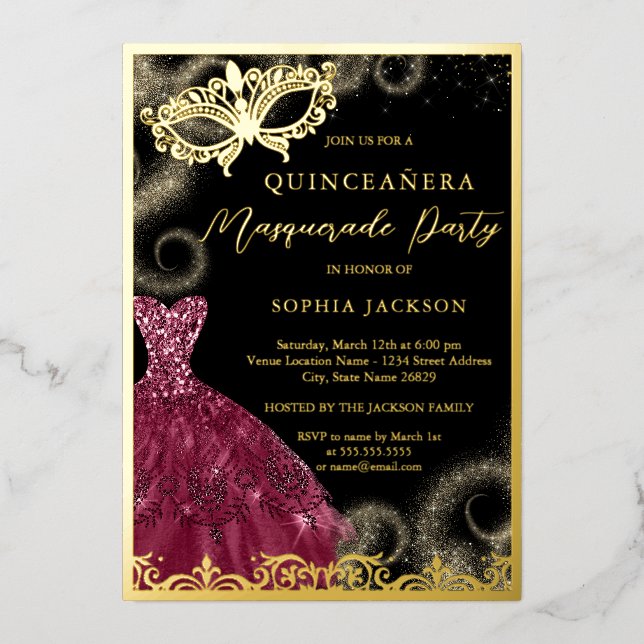 Gold Burgundy Dress Masquerade Party Quinceanera  Foil Invitation (Front)