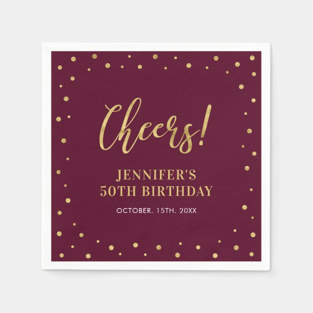 Gold & Burgundy | Elegant Adult Birthday Party Napkins (Front)