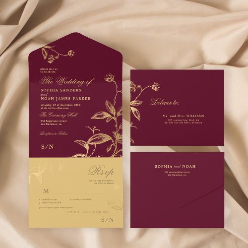 Gold burgundy elegant botanical wedding all in one invitation