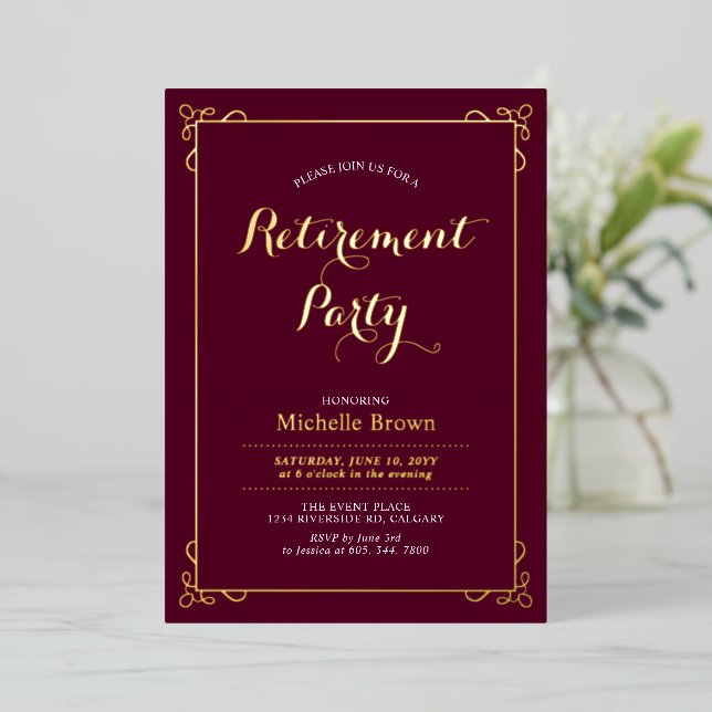 Gold & Burgundy Elegant Classy Retirement Party Foil Invitation (Standing Front)