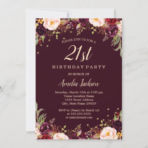 Gold Burgundy Elegant Floral 21st Birthday Party Invitation