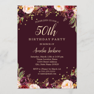 Gold Burgundy Elegant Floral 50th Birthday Party Invitation