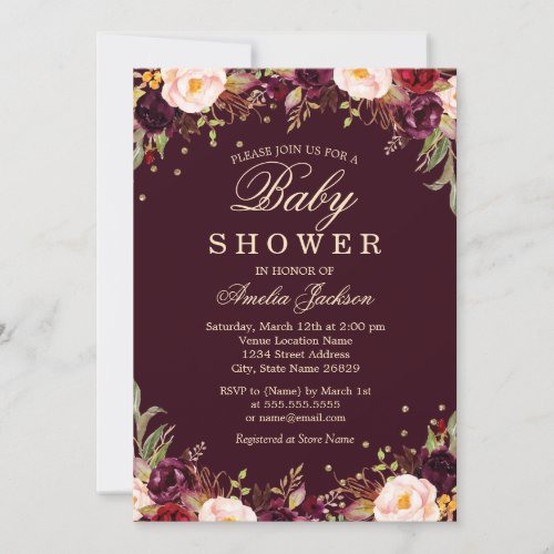 Gold Burgundy Elegant Floral Baby Shower Invitation