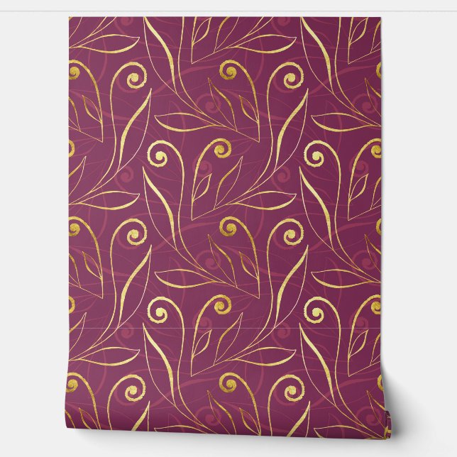    Gold & Burgundy Elegant Foliage & Swirls Classy Wallpaper (Unrolling)