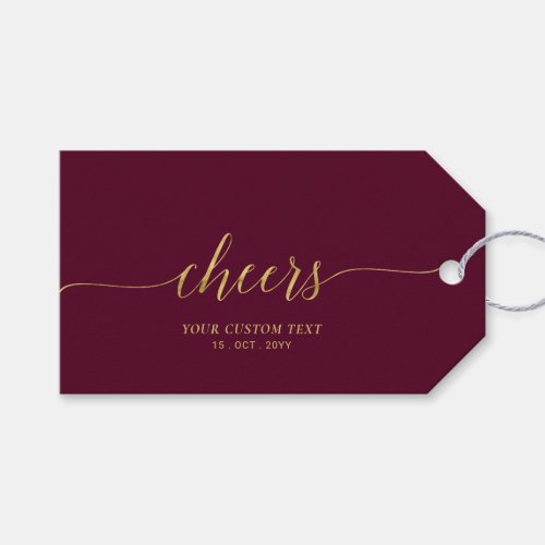 Gold  Burgundy Elegant Lettering Cheers Party Gift Tags