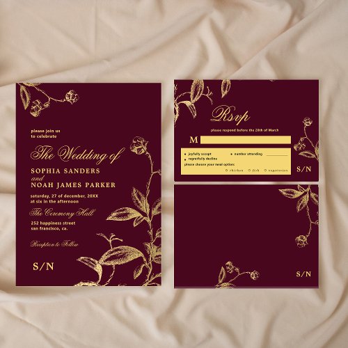 Gold burgundy elegant monogram meal choice wedding RSVP card