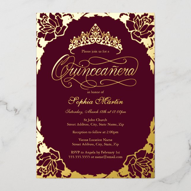 Gold Burgundy Elegant Script Quinceanera Birthday Foil Invitation (Front)