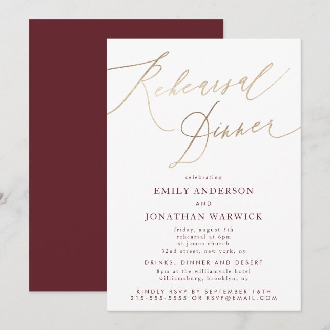 Gold & Burgundy Fall Calligraphy Wedding Rehearsal Invitation (Front/Back)