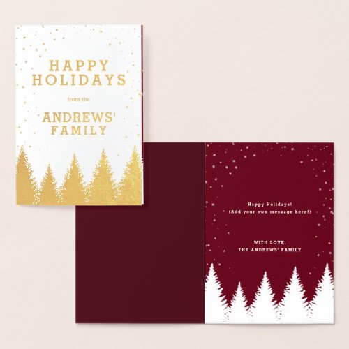 Gold Burgundy Falling Snow Winter Trees Holiday Foil Card