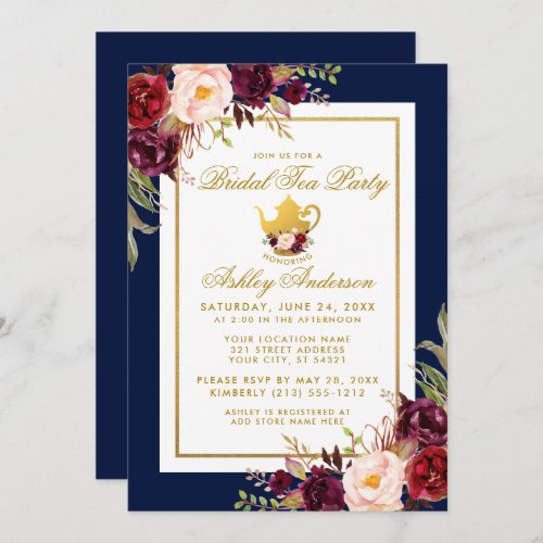 Gold Burgundy Floral Bridal Tea Party Blue Invite