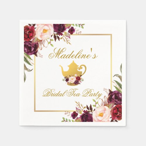 Gold Burgundy Floral Bridal Tea Party Napkins