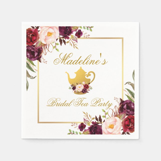 Gold Burgundy Floral Bridal Tea Party Napkins (Front)