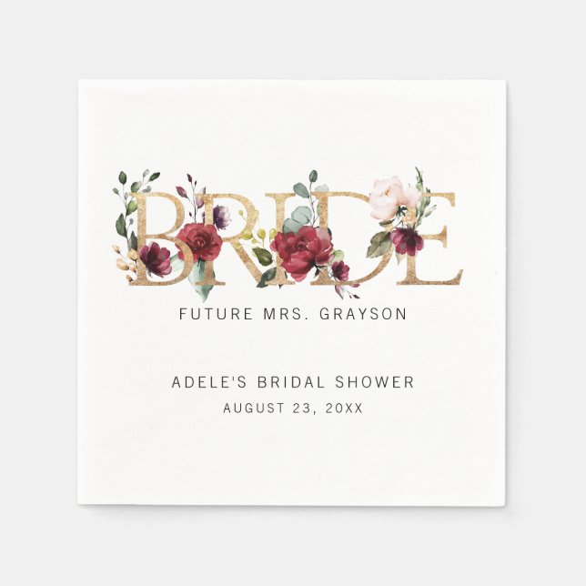 Gold Burgundy Floral BRIDE Bridal Shower Napkins (Front)