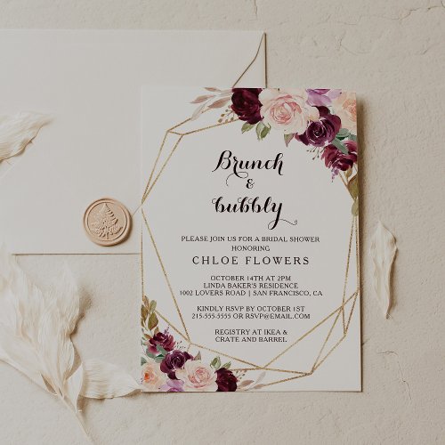 Gold Burgundy Floral Brunch  Bubbly Bridal Shower Invitation