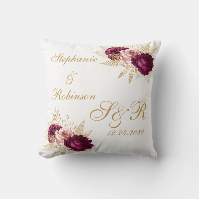Gold Burgundy Floral Custom Monogram Wedding Gift Throw Pillow (Front)