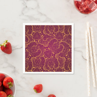 Gold & Burgundy Floral Damasks Geometric Pattern Napkins