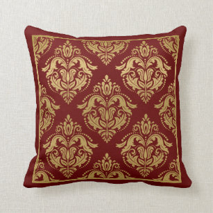 Gold & Burgundy Floral Damasks Geometric Pattern Throw Pillow