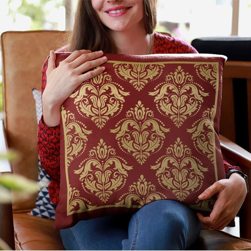 Gold  Burgundy Floral Damasks Geometric Pattern Throw Pillow