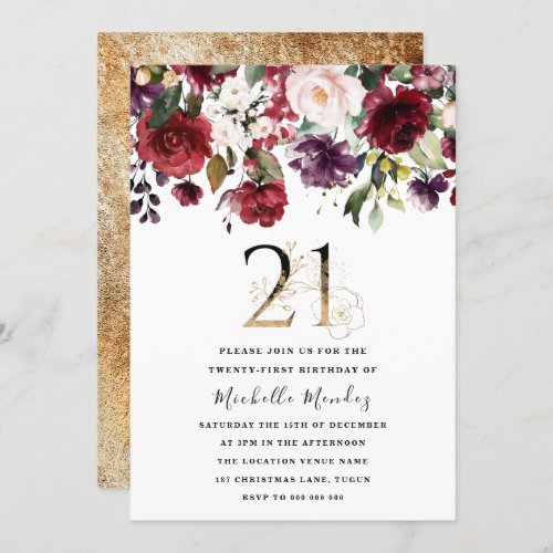 Gold Burgundy Floral Elegant 21st Birthday Party Invitation