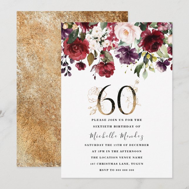 Gold Burgundy Floral Elegant 60th Birthday Party Invitation (Front/Back)