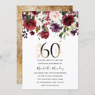 Gold Burgundy Floral Elegant 60th Birthday Party Invitation