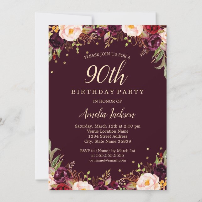 Gold Burgundy Floral Elegant 90th Birthday Party Invitation (Front)