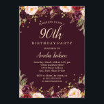 Gold Burgundy Floral Elegant 90th Birthday Party Invitation<br><div class="desc">More pretty floral Birthday Invitations in the Little Bayleigh Store!</div>