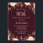 Gold Burgundy Floral Elegant 90th Birthday Party Invitation<br><div class="desc">More pretty floral Birthday Invitations in the Little Bayleigh Store!</div>