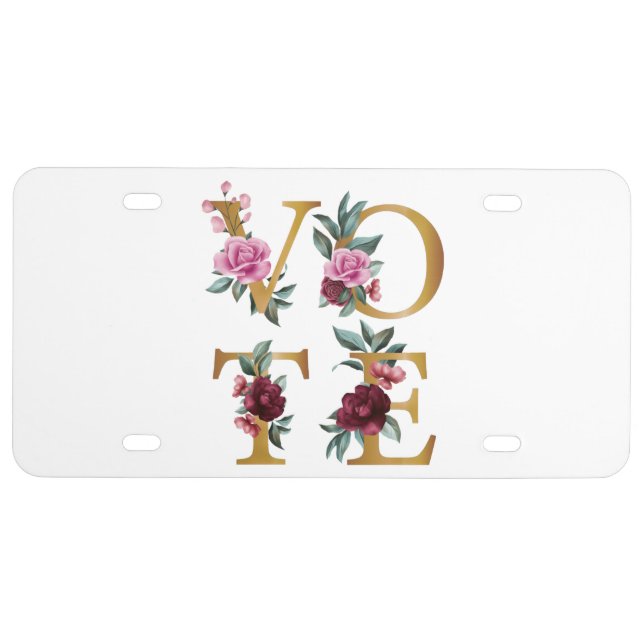 Gold Burgundy Floral Elegant Feminine Go Vote License Plate (Front)